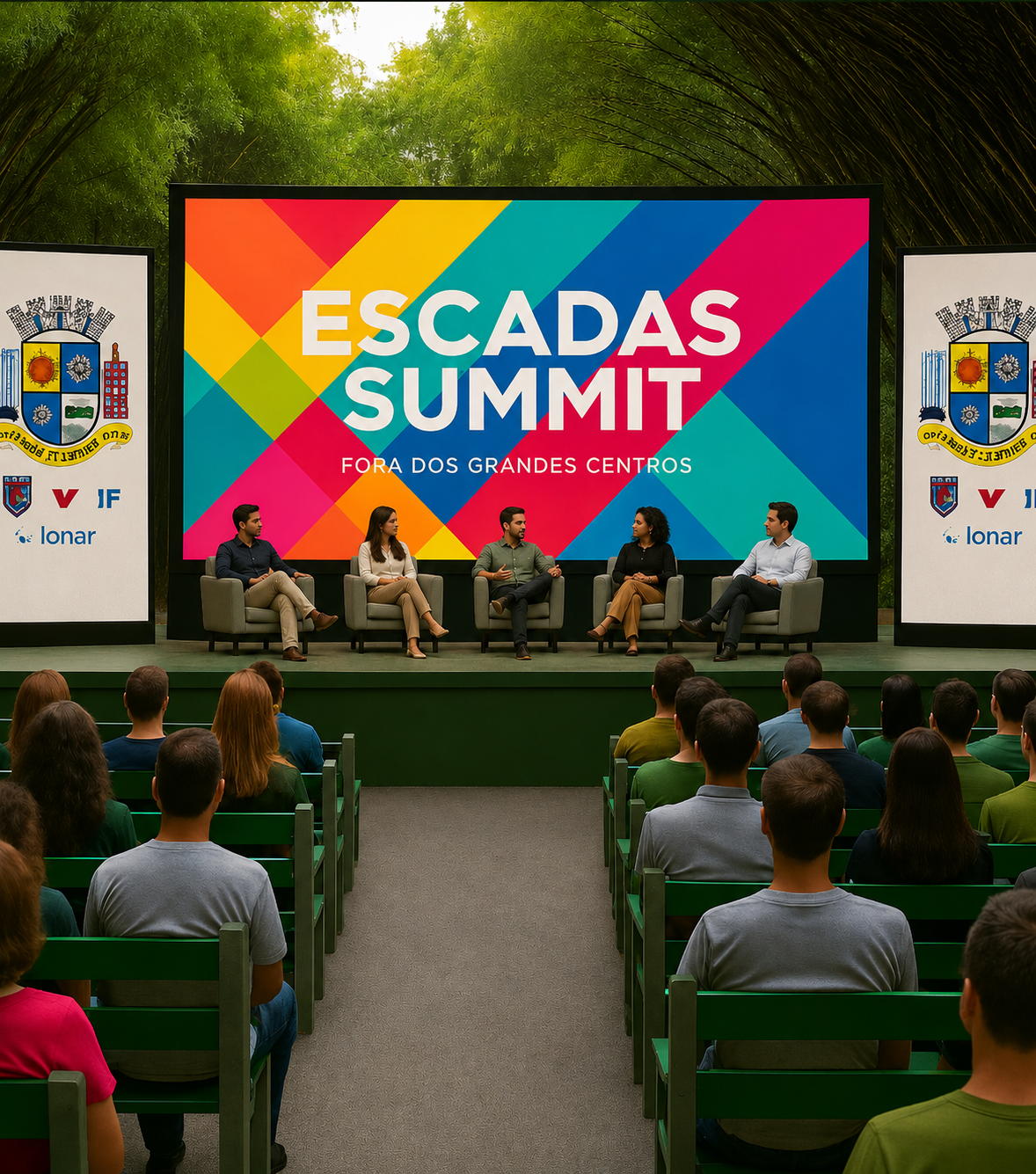 Evento presencial premium da economia criativa com networking ao entardecer